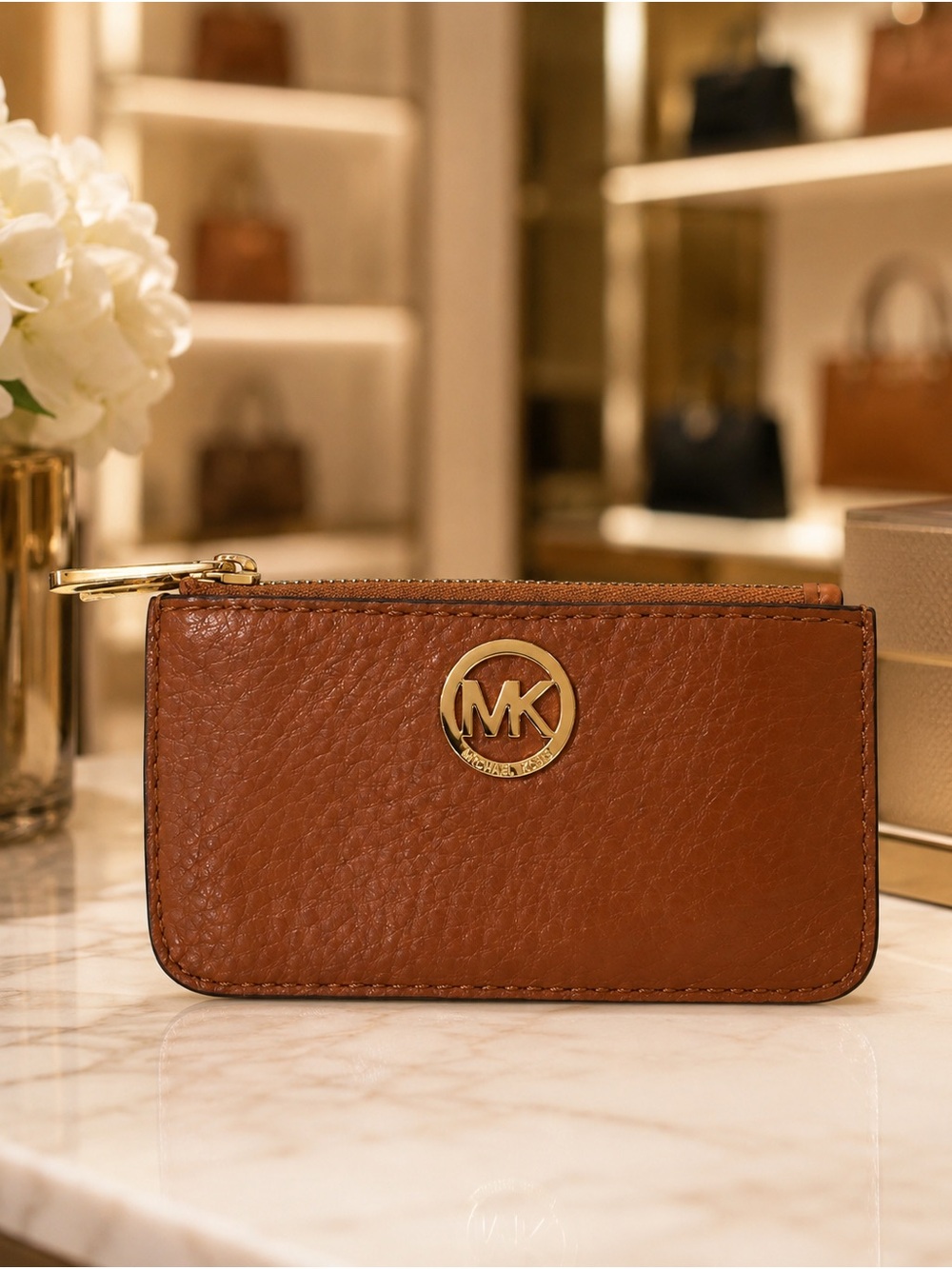 Michael Kors Cognac Pebbled Leather Zip Card Holder with Gold MK Logo 5” x 3”
